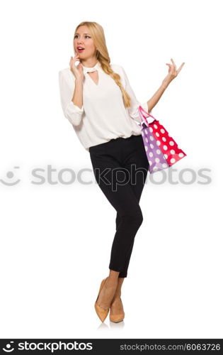 Woman after good christmas shopping isolated on white