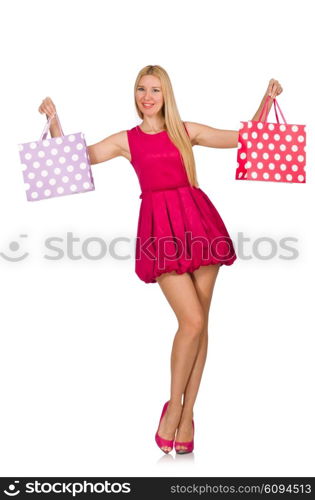 Woman after good christmas shopping isolated on white