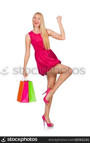 Woman after good christmas shopping isolated on white