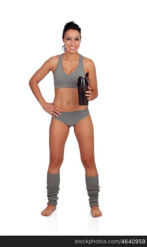 Woman after her training, drinking protein shake isolated on a white background