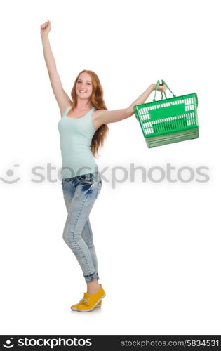 Woman after shopping in the supermarket isolated on white