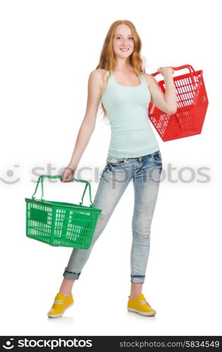 Woman after shopping in the supermarket isolated on white