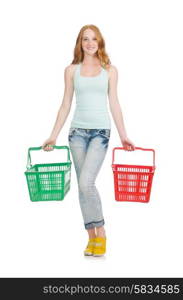 Woman after shopping in the supermarket isolated on white