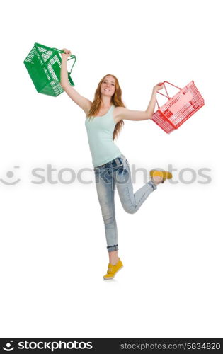 Woman after shopping in the supermarket isolated on white