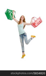 Woman after shopping in the supermarket isolated on white