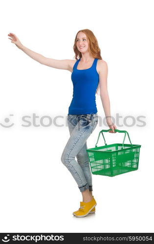 Woman after shopping in the supermarket isolated on white