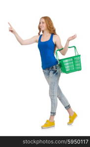 Woman after shopping in the supermarket isolated on white