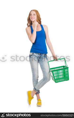 Woman after shopping in the supermarket isolated on white