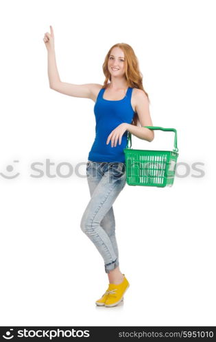 Woman after shopping in the supermarket isolated on white