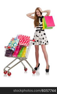 Woman after shopping in the supermarket isolated on white