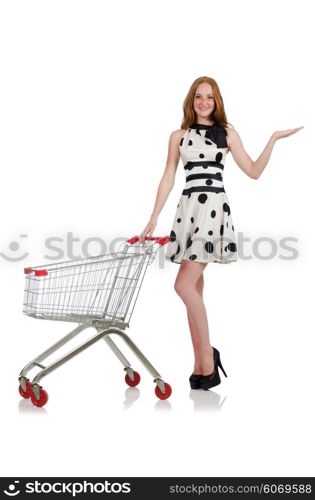 Woman after shopping in the supermarket isolated on white