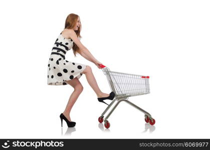 Woman after shopping in the supermarket isolated on white