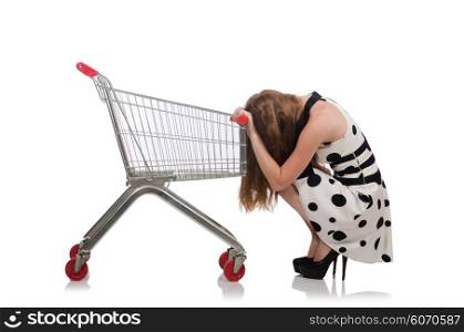 Woman after shopping in the supermarket isolated on white