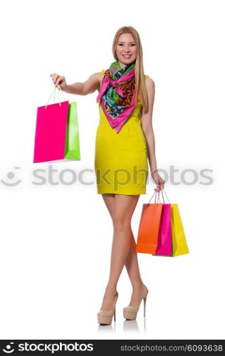 Woman after shopping isolated on the white