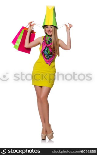 Woman after shopping isolated on the white