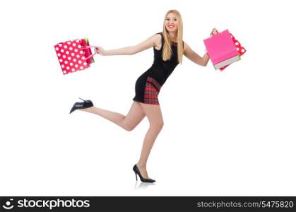 Woman after shopping isolated on white