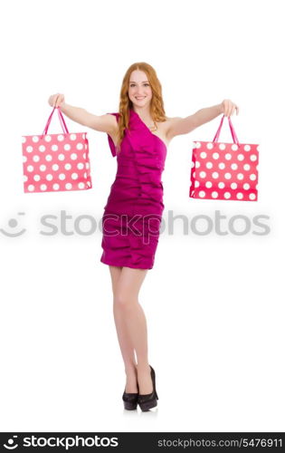 Woman after shopping isolated on white