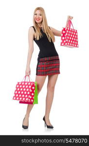 Woman after shopping isolated on white