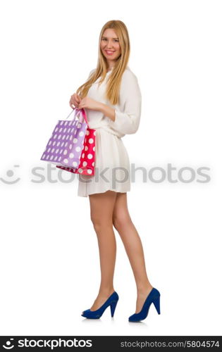 Woman after shopping isolated on white