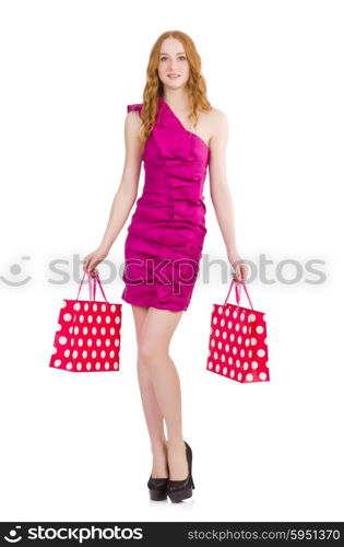 Woman after shopping isolated on white