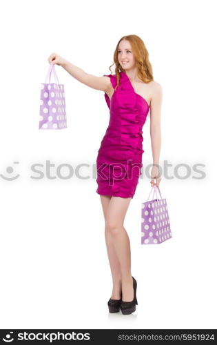 Woman after shopping isolated on white