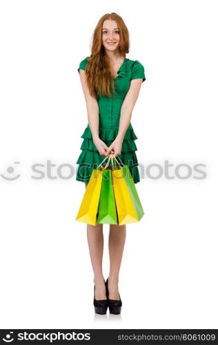 Woman after shopping isolated on white