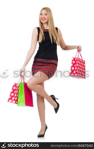 Woman after shopping isolated on white