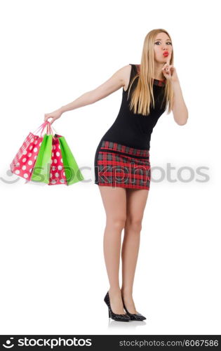 Woman after shopping isolated on white