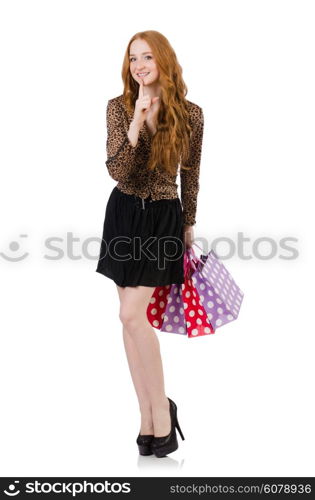 Woman after shopping isolated on white