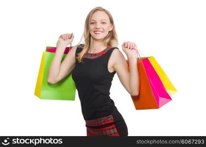 Woman after shopping spree on white