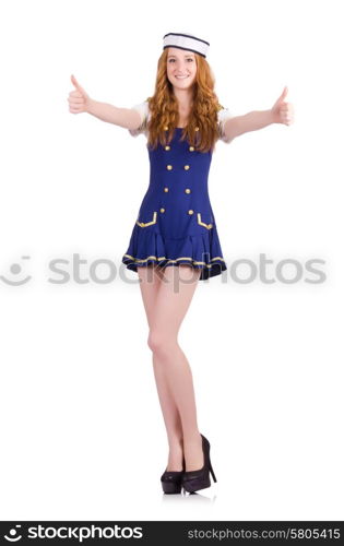 Woman airhostess thumbs up isolated on the white