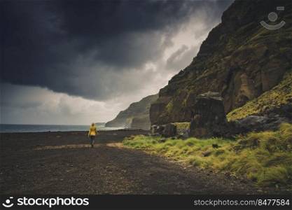 Woman alone exploring the nature in Azores Island, Portugal