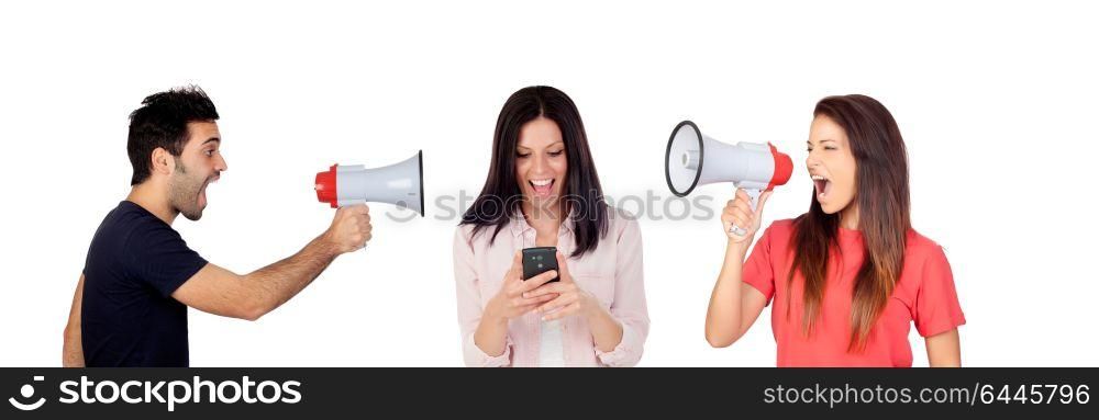 Woman and a men with a megaphone shouting a friend with a mobile isolated on a white background