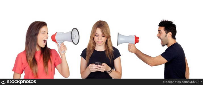 Woman and a men with a megaphone shouting a friend with a mobile isolated on a white background