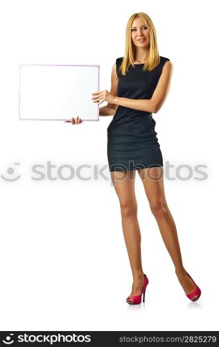 Woman and blank board on white