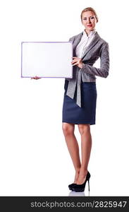 Woman and blank board on white