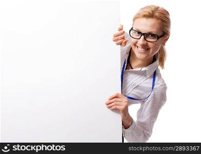 Woman and blank placard. Isolated over white.