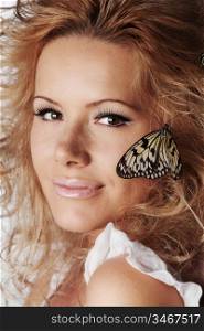 woman and butterfly on white