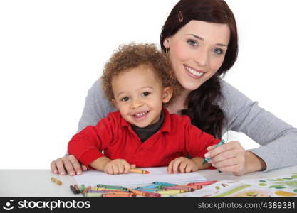 Woman and child colouring