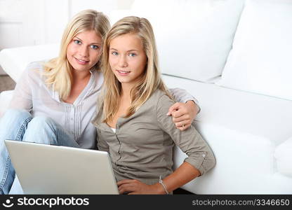 Woman and child surfing on internet