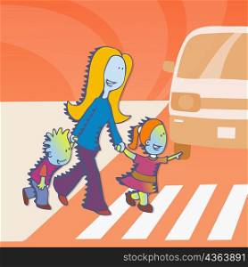 Woman and her children crossing a road at the zebra crossing