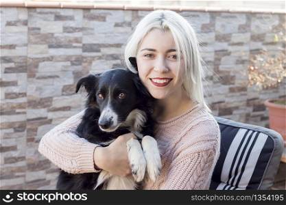 Woman and her favorite dog portrait smiling