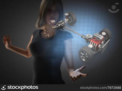 woman and hologram with car chassis