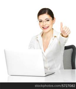 Woman and laptop with thumbs up sign in white office shirt - isolated on white background.
