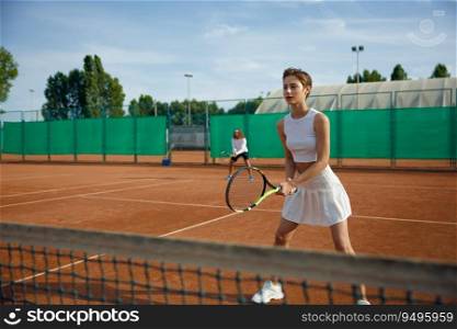 Woman and man behind net playing tennis. Sporty couple with racket enjoying double set game training. Woman and man behind net playing tennis double set game