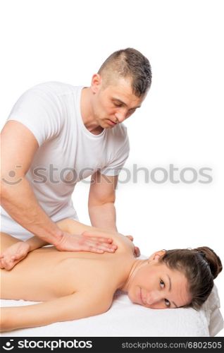 Woman and masseur, shot on a white background