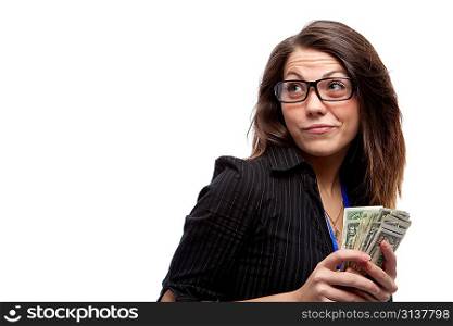 Woman and money. Isolated over white.