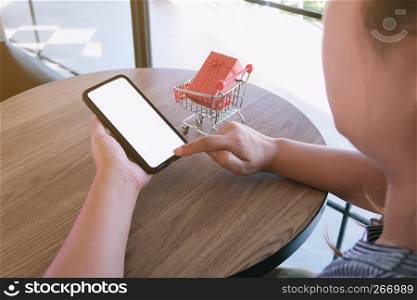 Woman and Small shopping cart with smartphone for Internet online shopping concept