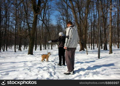Woman and young man with puppy of japanese dog Akita Inu