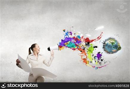 Woman announcing news. Portrait of young businesswoman with newspaper screaming in megaphone. Elements of this image are furnished by NASA